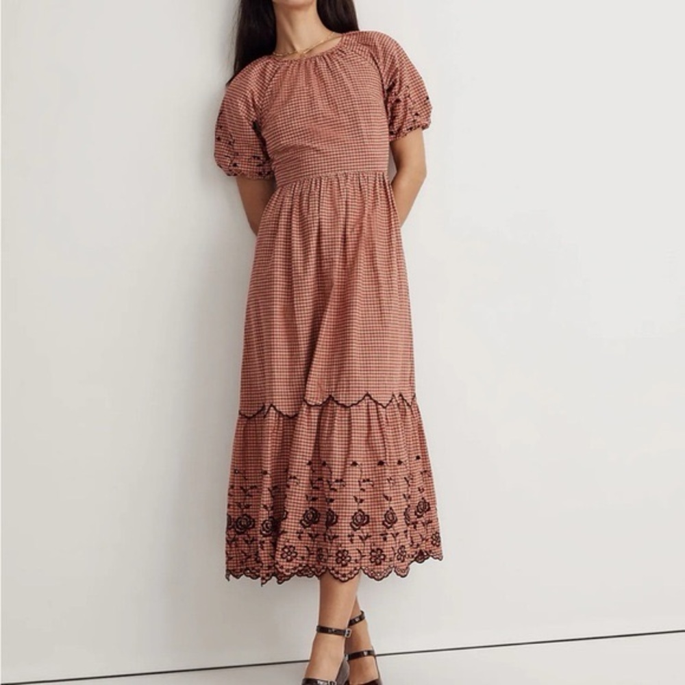 Gingham Puff Sleeve Dress - Brown